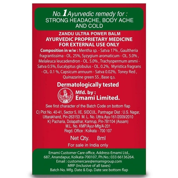 Zandu Ultra Power Balm for Strong Headache, Bodyache & Cold 8ml
