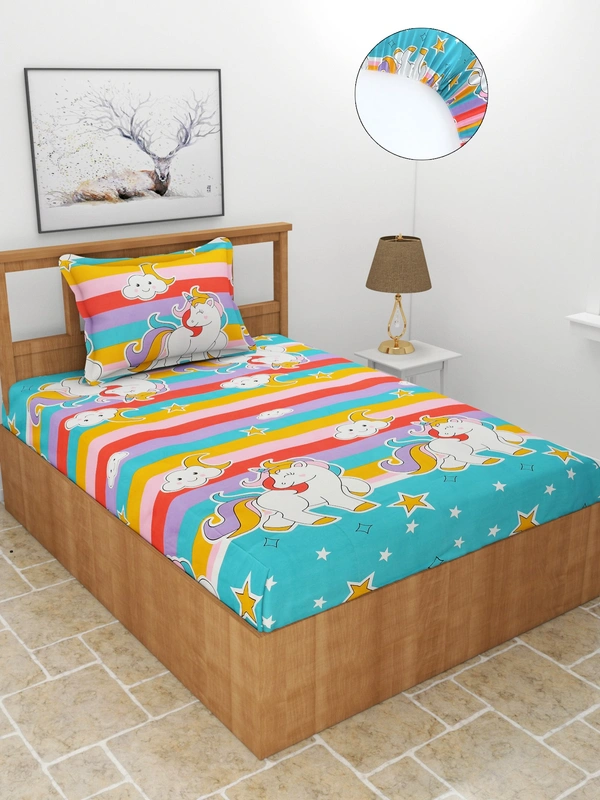 MORADO Premium Glace Cotton Elastic Fitted Single Bedsheet with 1 Pillow Cover (36x72x8 Inches)