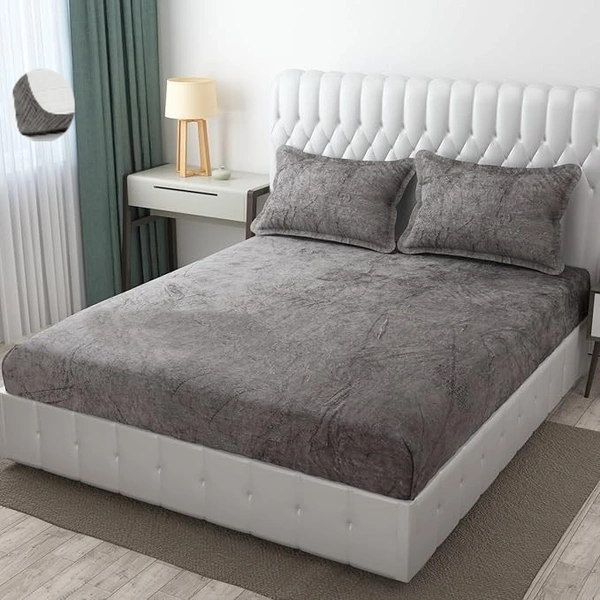 MORADO 190 GSM Flannel Super Soft Warm Elastic Fitted Double Bed Bedsheet with 2 Pillow Covers for Winters - 72x78x8 Inches, Cadet Grey - 72x78x8 Inches, Cadet Grey