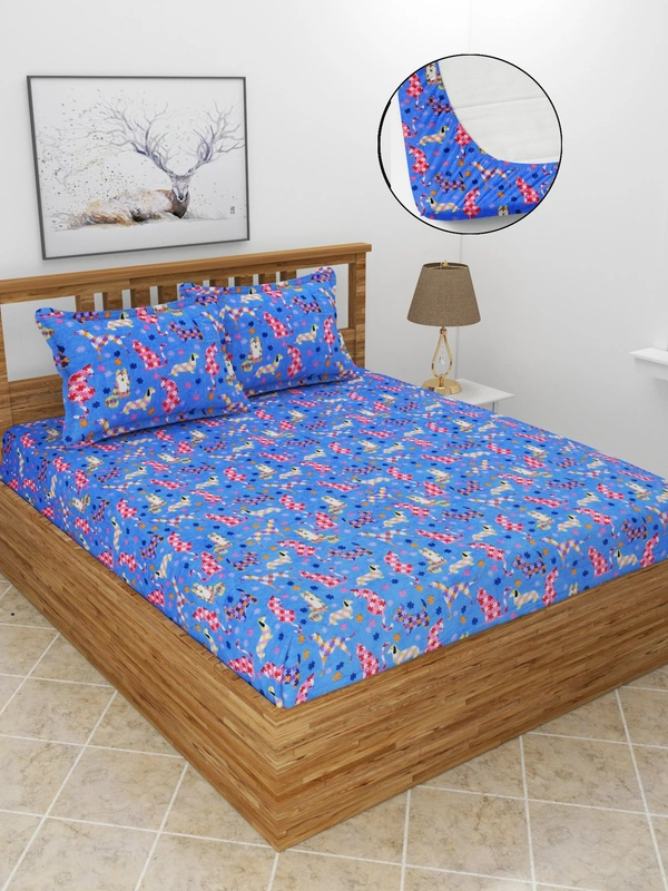 MORADO 190 GSM Flannel Super Soft Warm Elastic Fitted Double Bed Cartoon Print Bedsheet with 2 Pillow Covers for Winters - 72x78x8 Inches, Blue - 72x78x8 Inches, Blue