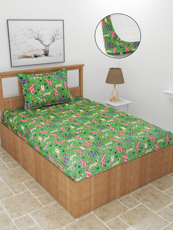MORADO 190 GSM Flannel Super Soft Warm Elastic Fitted Single Bed Cartoon Print Bedsheet with 1 Pillow Covers for Winters - 36x72x8 Inches, Green - 36x72x8 Inches, Green