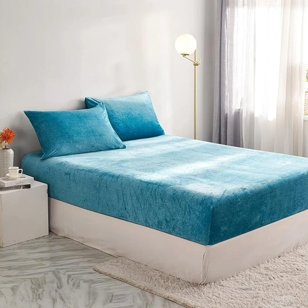 MORADO 190 GSM Flannel Super Soft Warm Elastic Fitted Double Bed Bedsheet with 2 Pillow Covers for Winters - 72x78x8 Inches, Aqua - 72x78x8 Inches, Aqua