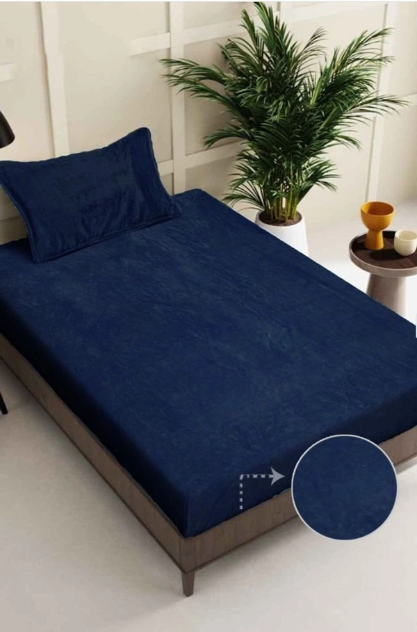 MORADO 190 GSM Flannel Super Soft Warm Elastic Fitted Single Bed Bedsheet with 1 Pillow Covers for Winters - 36x72x8 Inches, Navy Blue - 36x72x8 Inches, Navy Blue