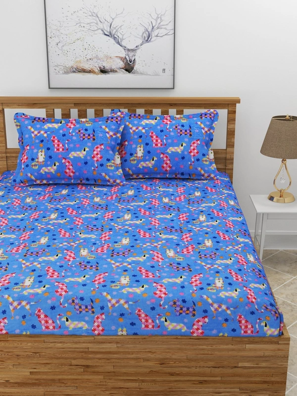 MORADO 190 GSM Flannel Super Soft Warm Elastic Fitted Double Bed Cartoon Print Bedsheet with 2 Pillow Covers for Winters - 72x78x8 Inches, Blue - 72x78x8 Inches, Blue