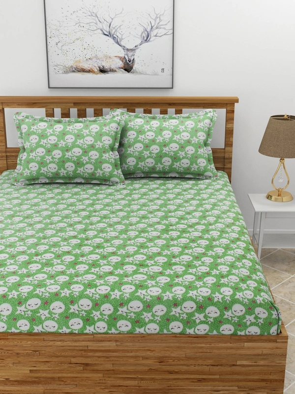 MORADO 190 GSM Flannel Super Soft Warm Elastic Fitted Double Bed Cartoon Print Bedsheet with 2 Pillow Covers for Winters - 72x78x8 Inches, Light Green - 72x78x8 Inches, Light Green