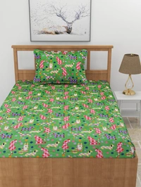 MORADO 190 GSM Flannel Super Soft Warm Elastic Fitted Single Bed Cartoon Print Bedsheet with 1 Pillow Covers for Winters - 36x72x8 Inches, Green - 36x72x8 Inches, Green