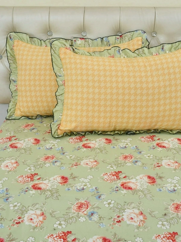 MORADO Glace Cotton King Size Bedsheet with 2 Pillow Covers with Frill PoppyFlowerComb  (108x108, Inches) - 108x108 Inches, light pastel green