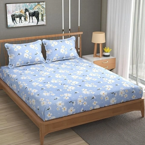 MORADO Premium Glace Cotton Double Bedsheet with 2 King Size Pillow Covers (90x100 Inches) - Light Blue