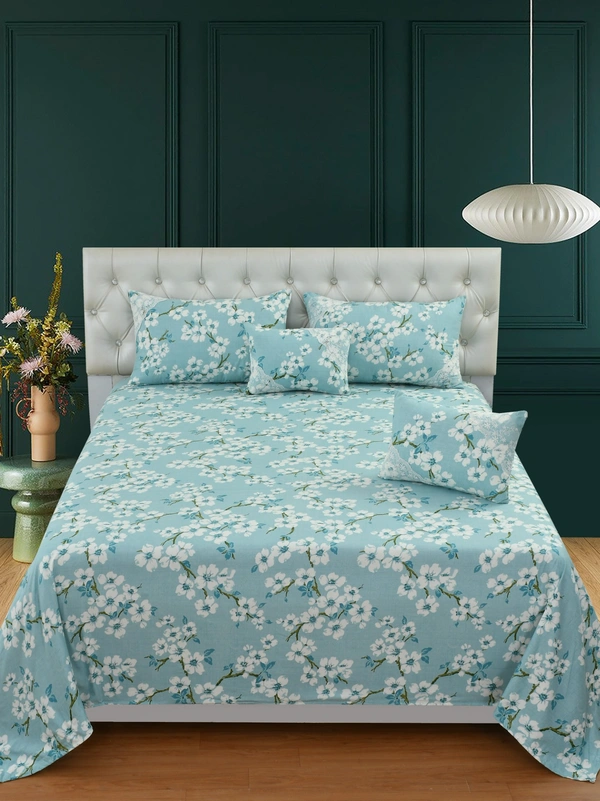 MORADO Glace Cotton 5 Pcs Bedding Set with Net Lace | Queen Size Double Bedsheet with 2 Pillow Covers and 2 Filled Breakfast Pillows - 90x100 Inches, Blue - 90x100 Inches, Blue