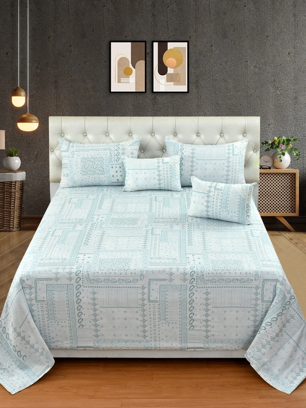 MORADO 100% Pure Cotton 5Pcs Bedding Set with Net Lace | King Size Double Bedsheet with 2 Pillow Covers and 2 Filled Breakfast Pillows - 108x108 Inches, Blue - 108x108 Inches, Blue