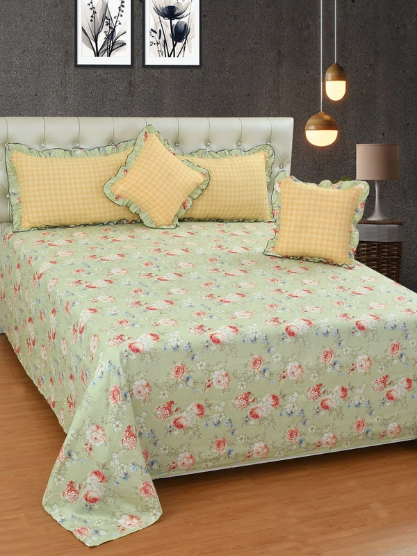 MORADO Glace Cotton 5 Pcs Frill Bedding Set | Double Bed Size Bedsheet with 2 Pillow Covers and 2 Filled Cushions (108x108 Inches - Cream) - 108x108 Inches, Summer Green
