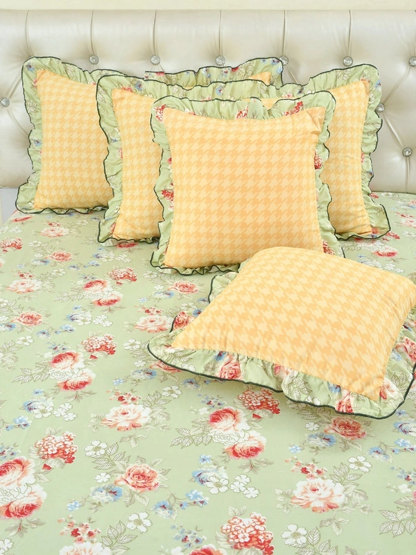 MORADO Glace Cotton 5 Pcs Frill Bedding Set | Double Bed Size Bedsheet with 2 Pillow Covers and 2 Filled Cushions (108x108 Inches - Cream) - 108x108 Inches, Summer Green