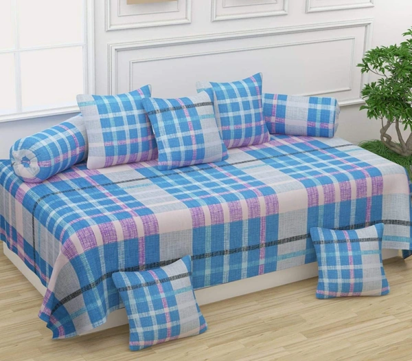MORADO Glace Cotton 8 Pieces Diwan Set Including 1 Bedsheet, 5 Cushion Covers and 2 Bolster Covers,Blue Grey Check - Blue
