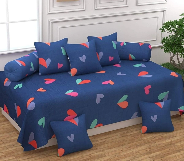 MORADO Glace Cotton 8 Pieces Diwan Set Including 1 Bedsheet, 5 Cushion Covers and 2 Bolster Covers, BlueHeart - Blue