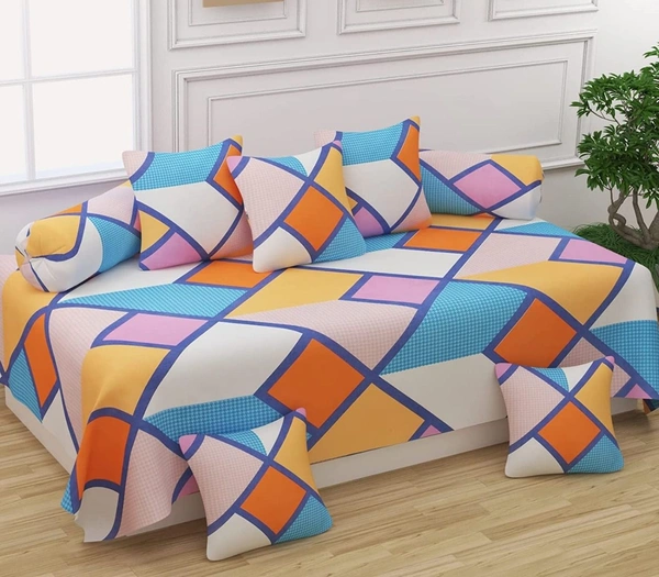 MORADO GlaceCotton 8 Pieces Diwan Set Including 1 Bedsheet, 5 Cushion Covers and 2 Bolster Covers,Color Full Blocks - Multicolor