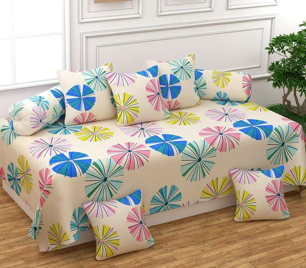 MORADO Glace Cotton 8 Pieces Diwan Set Including 1 Bedsheet, 5 Cushion Covers and 2 Bolster Covers, Light Yellow - Offwhite