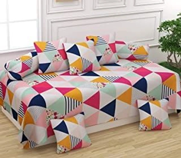 MORADO Glace Cotton 8 Pieces Diwan Set Including 1 Bedsheet, 5 Cushion Covers and 2 Bolster Covers, Multi Traingle - Multicolor