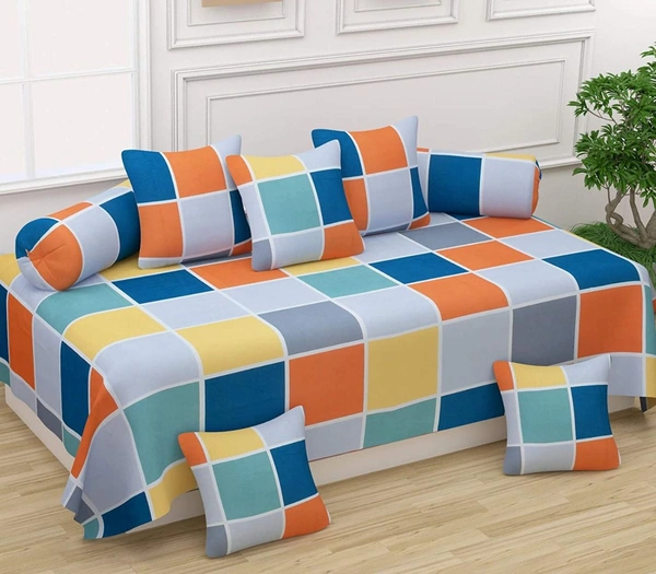 MORADO Glace Cotton 8 Pieces Diwan Set Including 1 Bedsheet, 5 Cushion Covers and 2 Bolster Covers,Checked - Multicolor