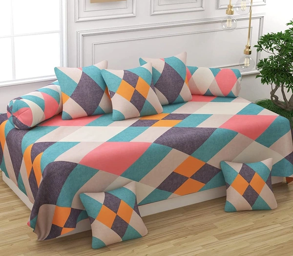 MORADO Glace Cotton 8 Pieces Diwan Set Including 1 Bedsheet, 5 Cushion Covers and 2 Bolster Covers, Color Full Blocks - Multicolor