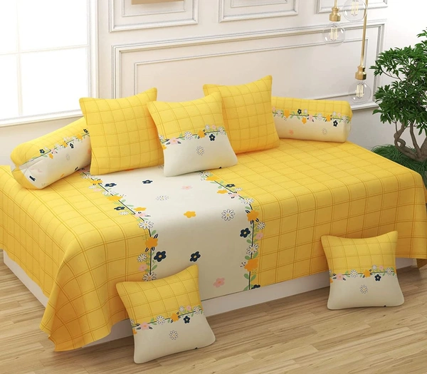 MORADO Glace Cotton 8 Pieces Diwan Set Including 1 Bedsheet, 5 Cushion Covers and 2 Bolster Covers, Yellow - Yellow