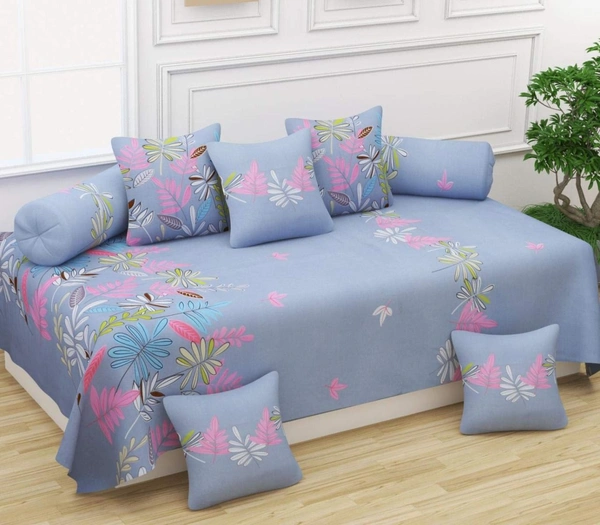 MORADO Glace Cotton 8 Pieces Diwan Set Including 1 Bedsheet, 5 Cushion Covers and 2 Bolster Covers, Light Grey - Grey