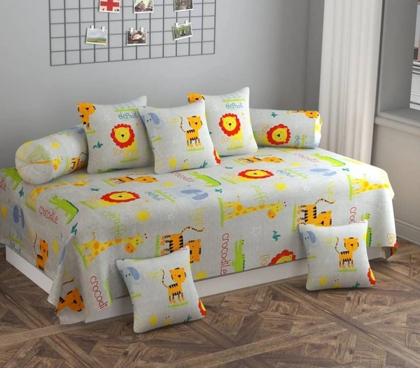 MORADO Glace Cotton 8 Pieces Diwan Set Including 1 Bedsheet, 5 Cushion Covers and 2 Bolster Covers, Offwhite Cartoon Print - Offwhite
