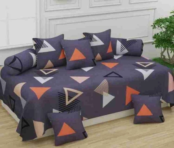 MORADO Glace Cotton 8 Pieces Diwan Set Including 1 Bedsheet, 5 Cushion Covers and 2 Bolster Covers, Purple Traingle - Grey