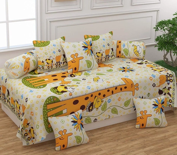 MORADO Glace Cotton 8 Pieces Diwan Set Including 1 Bedsheet, 5 Cushion Covers and 2 Bolster Covers, Giraffe - Offwhite