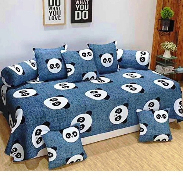 MORADO Glace Cotton 8 Pieces Diwan Set Including 1 Bedsheet, 5 Cushion Covers and 2 Bolster Covers, Black Panda - Blue