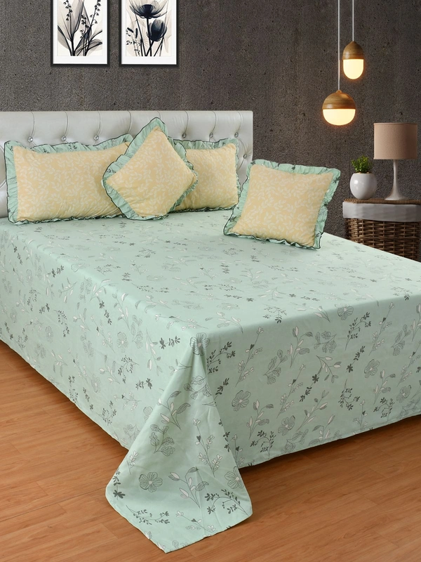 MORADO Glace Cotton 5 Pcs Frill Bedding Set | Double Bed Size Bedsheet With 2 Pillow Covers And 2 Filled Cushions (108x108 Inches - Green) - 108x108 Inches, Green