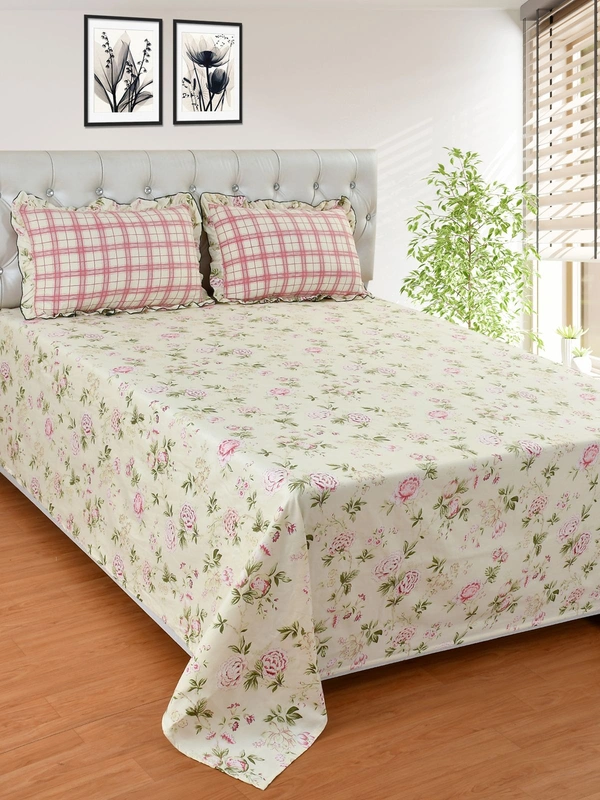 MORADO Glace Cotton King Size Bedsheet with 2 Pillow Covers with Frill (108x108, Inches) - 108x108 Inches, Pink