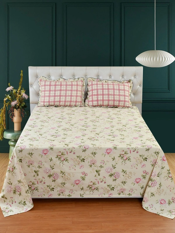 MORADO Glace Cotton King Size Bedsheet with 2 Pillow Covers with Frill (108x108, Inches) - 108x108 Inches, Pink