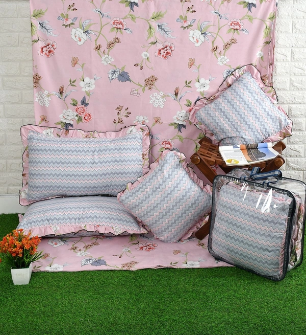 MORADO Glace Cotton 5 Pcs Frill Bedding Set | Double Bed Size Bedsheet With 2 Pillow Covers And 2 Filled Cushions (108x108 Inches - Pink ) - 108x108 Inches, Pink