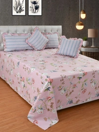 MORADO Glace Cotton 5 Pcs Frill Bedding Set | Double Bed Size Bedsheet With 2 Pillow Covers And 2 Filled Cushions (108x108 Inches - Pink ) - 108x108 Inches, Pink