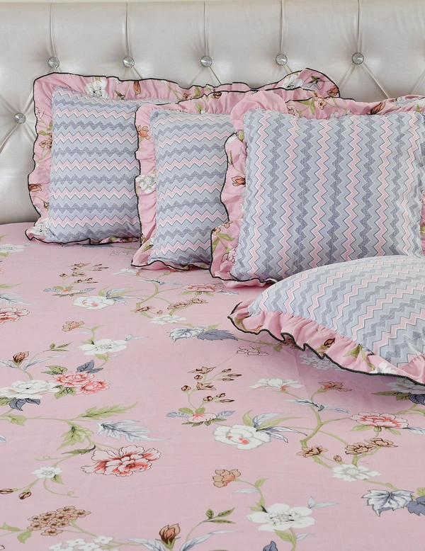 MORADO Glace Cotton 5 Pcs Frill Bedding Set | Double Bed Size Bedsheet With 2 Pillow Covers And 2 Filled Cushions (108x108 Inches - Pink ) - 108x108 Inches, Pink