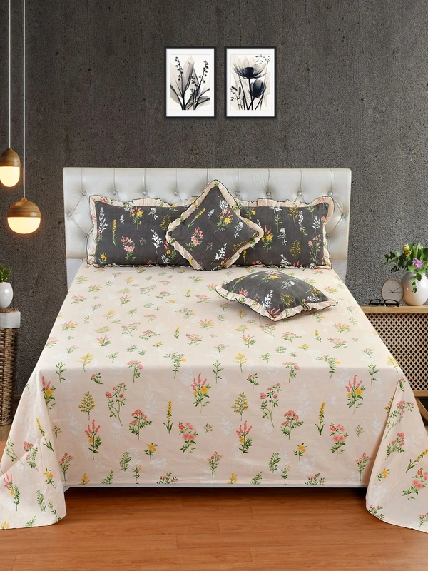 MORADO Glace Cotton 5 Pcs Frill Bedding Set | Double Bed Size Bedsheet With 2 Pillow Covers And 2 Filled Cushions (108x108 Inches - Light Peach) - 108x108 Inches, Light Peach