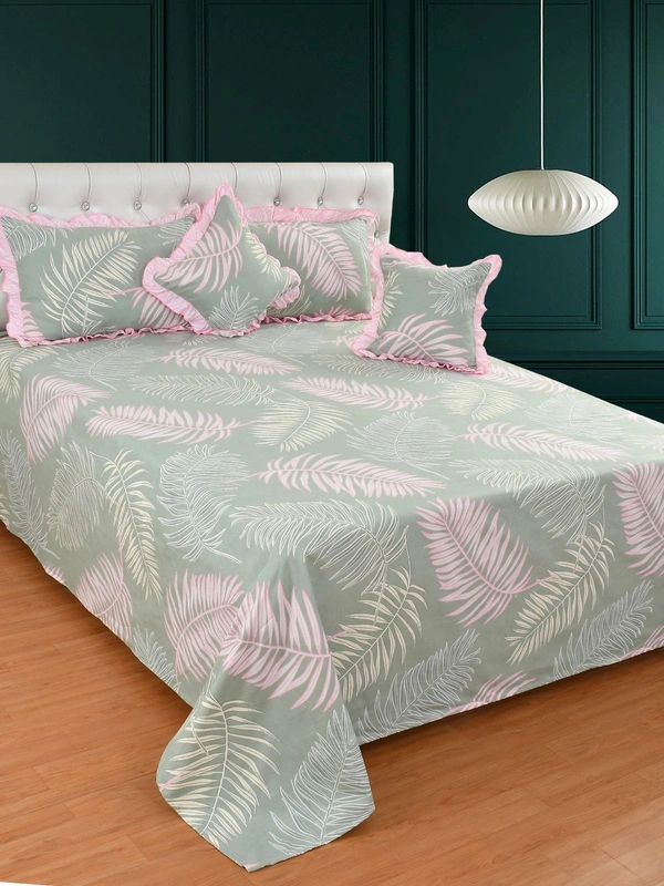 MORADO Glace Cotton 5 Pcs Frill Bedding Set | Double Bed Size Bedsheet with 2 Pillow Covers and 2 Filled Cushions (90x100 Inches - Green) - 90x100 Inches, Green