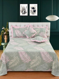 MORADO Glace Cotton 5 Pcs Frill Bedding Set | Double Bed Size Bedsheet with 2 Pillow Covers and 2 Filled Cushions (90x100 Inches - Green) - 90x100 Inches, Green