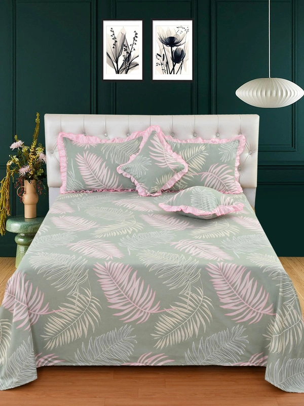MORADO Glace Cotton 5 Pcs Frill Bedding Set | Double Bed Size Bedsheet with 2 Pillow Covers and 2 Filled Cushions (90x100 Inches - Green) - 90x100 Inches, Green