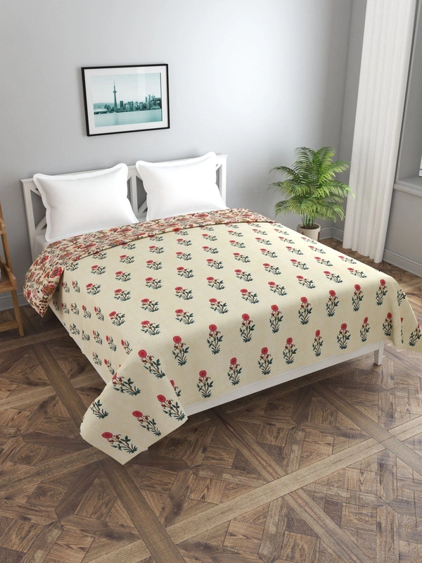 MORADO Glace Cotton Double Bed Size Reversible Duvet Cover/Quilt Cover/Rajai Cover/Blanket Cover with Zipper (90x100 Inches) - 90x100 Inches, Red Offwhite