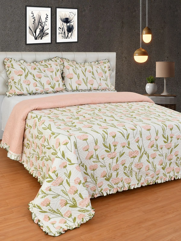 MORADO Glace Cotton Luxury Ultrasonic Printed Lightweight All Season Bedspreads/Quilted Bed Cover With 2 King Size Pillow Covers - (90x100 inches - OffWhite Pink) - 90x100 Inches, Offwhite Pink