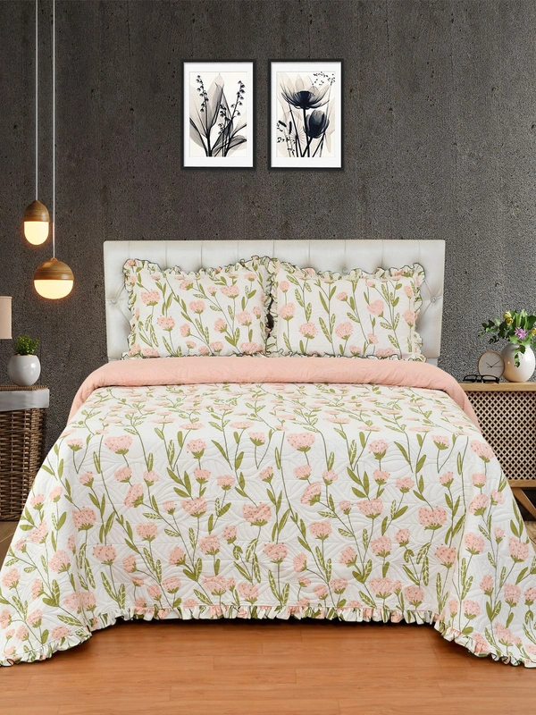 MORADO Glace Cotton Luxury Ultrasonic Printed Lightweight All Season Bedspreads/Quilted Bed Cover With 2 King Size Pillow Covers - (90x100 inches - OffWhite Pink) - 90x100 Inches, Offwhite Pink