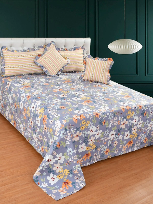 MORADO Glace Cotton 5 Pcs Frill Bedding Set | Double Bed Size Bedsheet with 2 Pillow Covers and 2 Filled Cushions (108x108 Inches - Grey) - 108x108 Inches, Grey