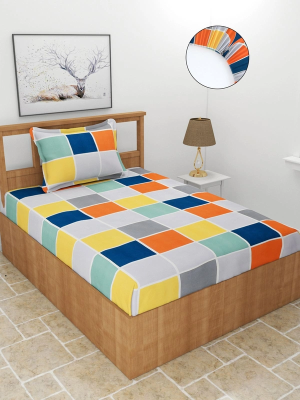 MORADO Premium Glace Cotton Elastic Fitted Single Bedsheet with 1 Pillow Cover (36x72x8 Inches) - Multicolor