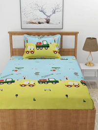 MORADO Premium Glace Cotton Elastic Fitted Single Bedsheet with 1 Pillow Cover (36x72x8 Inches) - Yellow