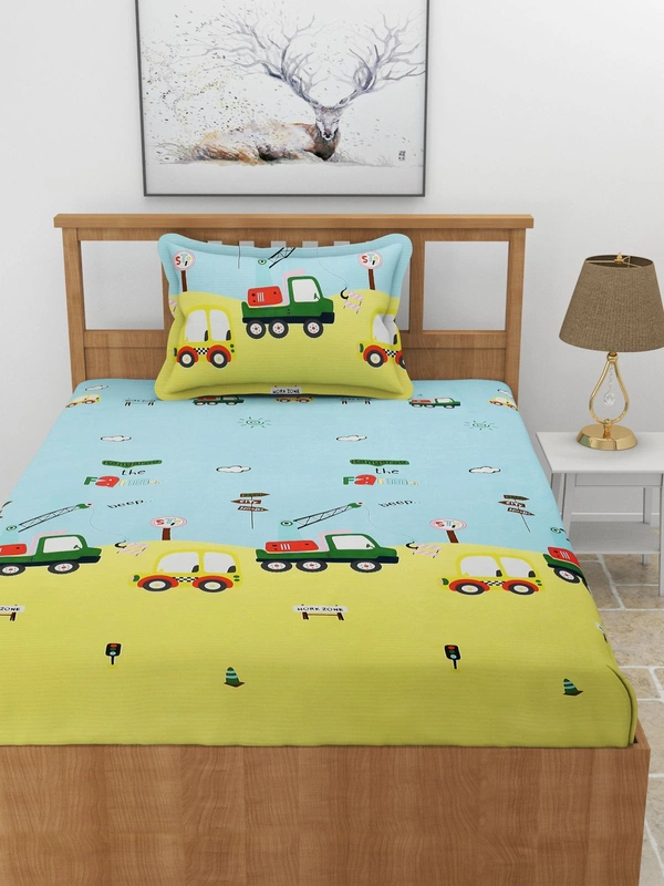 MORADO Premium Glace Cotton Elastic Fitted Single Bedsheet with 1 Pillow Cover (36x72x8 Inches) - Yellow