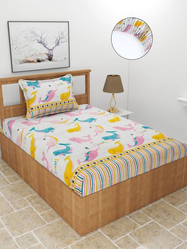 MORADO Premium Glace Cotton Elastic Fitted Single Bedsheet with 1 Pillow Cover (36x72x8 Inches) - Offwhite