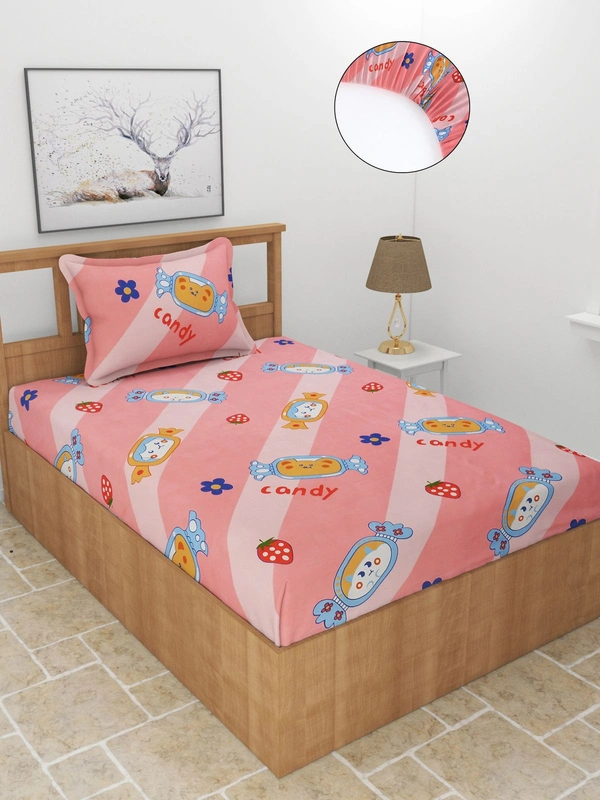 MORADO Premium Glace Cotton Elastic Fitted Single Bedsheet with 1 Pillow Cover (36x72x8 Inches) - Pink
