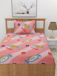 MORADO Premium Glace Cotton Elastic Fitted Single Bedsheet with 1 Pillow Cover (36x72x8 Inches) - Pink