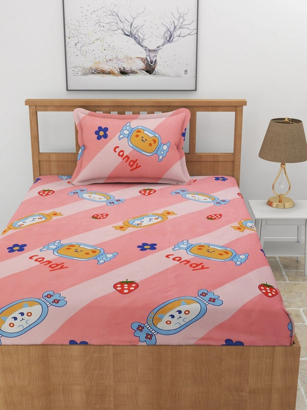 MORADO Premium Glace Cotton Elastic Fitted Single Bedsheet with 1 Pillow Cover (36x72x8 Inches) - Pink